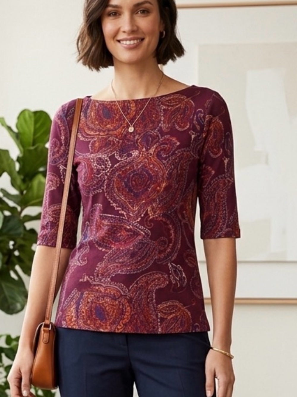 Lauren Ralph Lauren S Burgundy Paisley Boatneck 3/4 Sleeve Top